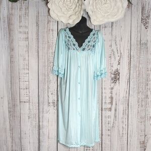 Elegant Lace Trim Light Blue Nightgown With A Pink Rosette And Floral Embroidery